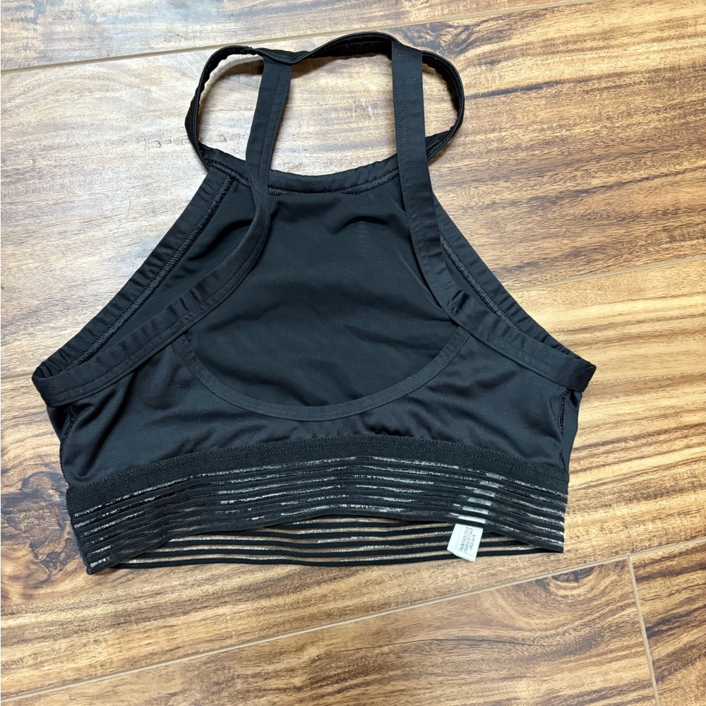 Victoria’s Secret Sports Bra, black halter mesh striped bottom, size small